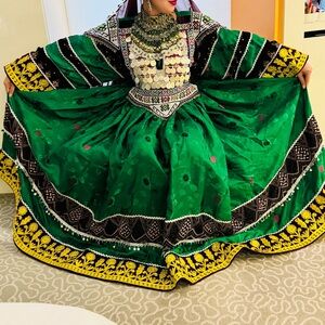 Hand Made Ethnic Afghan Embellished Dress in Green, Purple, and Gold.